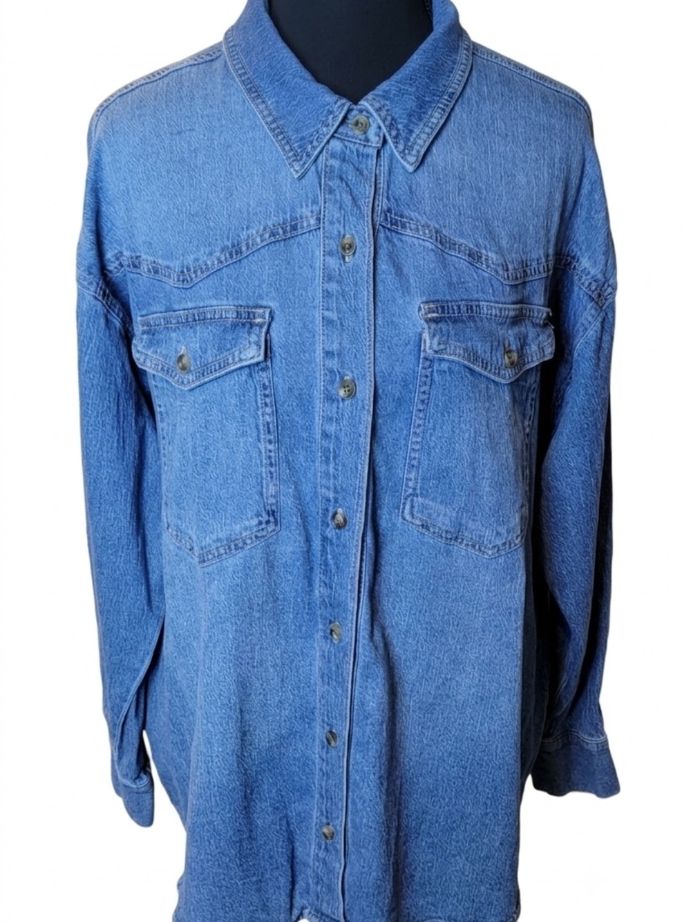 Gloria Vanderbilt Womens Sz Large Denim Button Front Shirt High Low Hem Pocket
